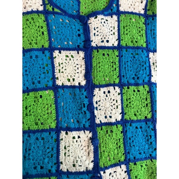 Handmade Crochet Medium Short-Sleeve Patchwork Cardigan Sweater In Blue Green & - Picture 3 of 8